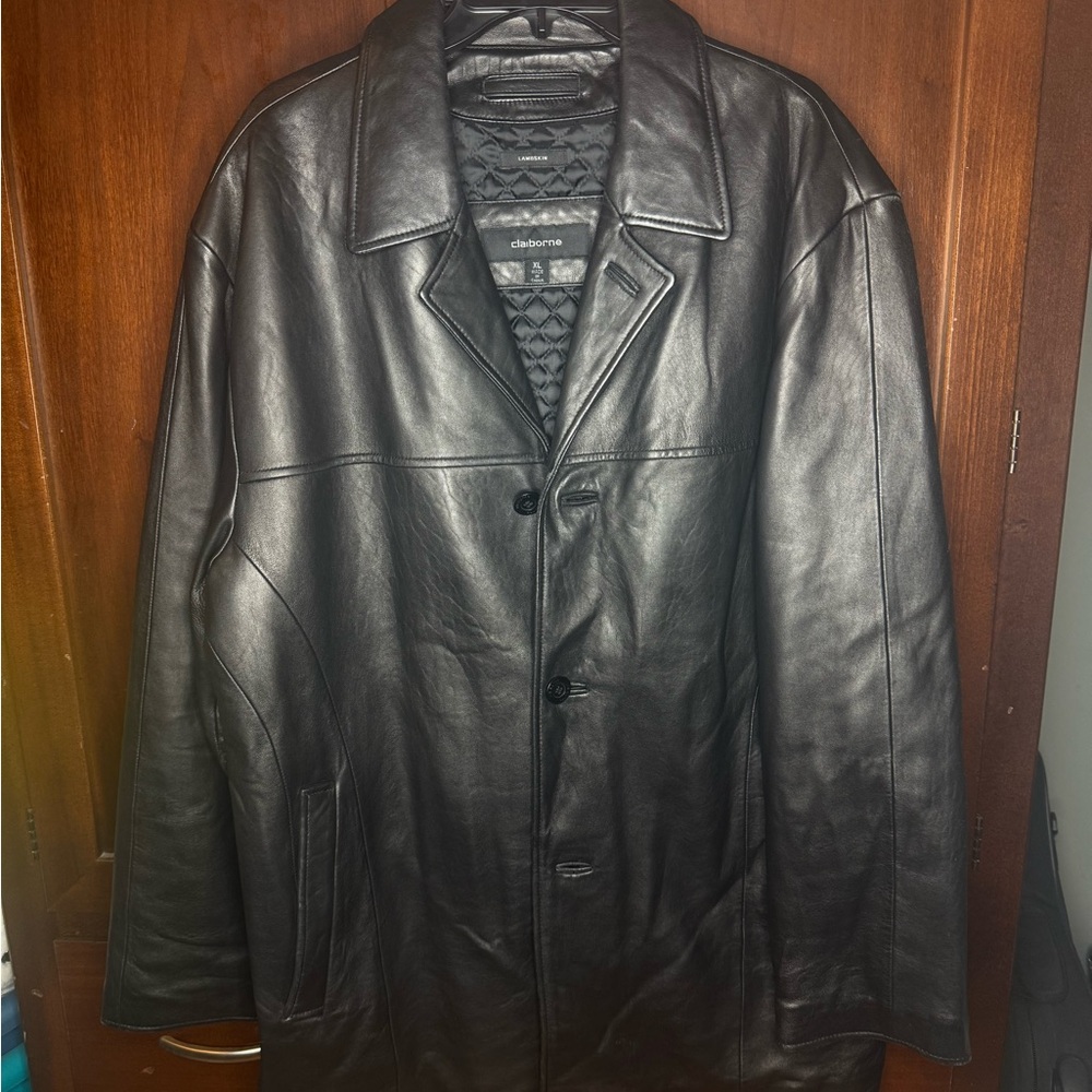 Claiborne Black Leather Trench Coat for Men